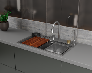 Кухонная мойка многофункц. DQ нерж.сталь сатин в комплекте со смесителем и аксессуарами (DKS754604)